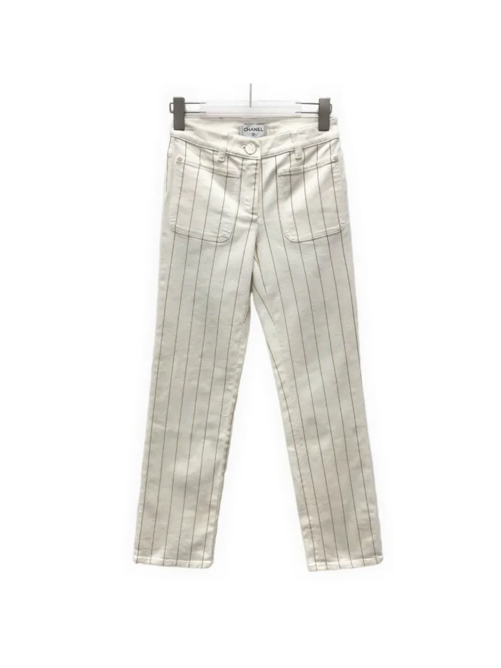Chanel White Vertical-Stripe Cotton Denim Jeans